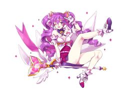 Rule 34 | 1girl, aisha landar, bare shoulders, blush, breasts, cleavage, curly hair, dimension witch (elsword), elsword, finger gun, full body, gem, gloves, heart, highres, inna, leg up, long hair, looking at viewer, magical girl, medium breasts, moon, one eye closed, open mouth, purple eyes, purple hair, sitting, sitting on object, smile, solo, sparkle print, staff, twintails, wings