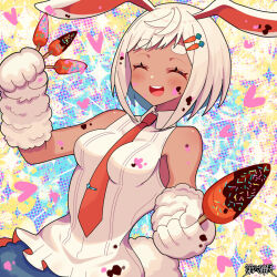 Rule 34 | 1girl, :d, animal ears, animal hands, between breasts, breasts, carrot, carrot hair ornament, chocolate syrup, closed eyes, dairoku ryouhei, dark-skinned female, dark skin, food, food-themed hair ornament, food on face, gloves, hair ornament, hairclip, heart, holding, holding food, impossible clothes, lita3773, necktie, open mouth, paw gloves, rabbit ears, rabbit tail, red necktie, shirt, sleeveless, sleeveless shirt, small breasts, smile, solo, standing, tail, thick eyebrows, tie clip, white gloves