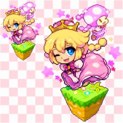 Rule 34 | 1girl, blonde hair, blue eyes, blush, braid, chibi, commentary request, dress, earrings, elbow gloves, eyebrows, gloves, grass, hair between eyes, happy, jewelry, looking at viewer, lowres, mario (series), new super mario bros. u deluxe, nintendo, one eye closed, patterned background, peachette, pink dress, pink gloves, pink hair, pixel art, puffy short sleeves, puffy sleeves, shirosu, short hair, short sleeves, sidelocks, skirt hold, smile, solo, sparkle, super crown, toadette, twin braids