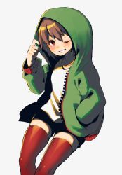 Rule 34 | ;d, alternate costume, androgynous, bad id, bad pixiv id, black shorts, brown hair, chara (undertale), feet out of frame, gender request, grey background, grin, hand in pocket, hood, hood up, hoodie, invisible chair, long sleeves, looking at viewer, one eye closed, open clothes, open hoodie, open mouth, oshiruko (tsume), red eyes, red thighhighs, shirt, short hair, shorts, simple background, sitting, smile, tareme, teeth, thighhighs, undertale, unzipped, white shirt