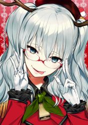 Rule 34 | 1girl, alternate color, antlers, bell, beret, black shirt, blue eyes, collared shirt, colorized, epaulettes, frilled sleeves, frills, glasses, gloves, hat, horns, kantai collection, kashima (kancolle), kerchief, kodama (wa-ka-me), long hair, red background, reindeer antlers, shirt, silver hair, tongue, tongue out, two-tone background, white background