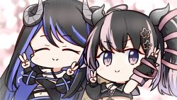 Rule 34 | 2girls, ahoge, arm up, bandeau, belt, black bandeau, black belt, black hair, black jacket, black skirt, blue belt, blue hair, blurry, blurry background, blush, breasts, chest belt, chibi, cleavage, closed eyes, closed mouth, commentary, cropped jacket, curled horns, demon girl, demon horns, double v, flat chest, flower, grey horns, hair flower, hair ornament, hair ribbon, hebiyoi tier, hebiyoi tier (1st costume), highres, horns, jacket, long hair, long sleeves, looking at viewer, mariooo, medium bangs, medium breasts, multicolored hair, multiple girls, nanashi inc., navel, off shoulder, oinomori may, oinomori may (1st costume), one side up, pink hair, pink ribbon, pointy ears, ribbon, sidelocks, skirt, smile, split mouth, two-tone hair, upper body, v, virtual youtuber