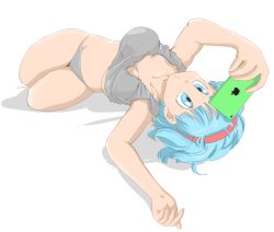 Rule 34 | 1girl, aqua hair, arm rest, bare arms, bare legs, barefoot, blue eyes, blush, book, bored, breasts, bulma, caisama, cellphone, closed mouth, curvy, dragon ball, dragonball z, earrings, female focus, grey panties, grey tank top, groin, hairband, holding, holding phone, jewelry, large breasts, lying, medium hair, nose blush, panties, phone, reading, red hairband, shiny skin, short hair, simple background, solo, tank top, thick thighs, thighs, underboob, underwear, underwear only, white background, wide hips