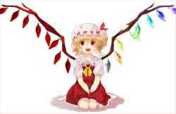 Rule 34 | 1girl, blonde hair, border, dress, fang, female focus, flandre scarlet, frilled dress, frills, hands on lap, hat, hat ribbon, kabasaki, looking at viewer, mob cap, open mouth, red eyes, ribbon, short hair, short sleeves, side ponytail, simple background, sitting, solo, touhou, wariza, white background, wings, wrist cuffs