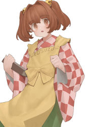 Rule 34 | 1girl, apron, bad id, bad pixiv id, bell, blush, book, bow, bow apron, brown eyes, brown hair, character name, checkered clothes, checkered kimono, checkered shirt, clothes writing, cowboy shot, curled fingers, fang, glasses, hair bell, hair ornament, head tilt, holding, holding book, japanese clothes, jingle bell, kimono, long sleeves, looking at viewer, motoori kosuzu, ni (221), open mouth, romaji text, shirt, short hair, simple background, solo, touhou, twintails, two side up, white background, wide sleeves, yellow apron, yellow bow
