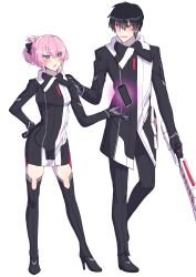 Rule 34 | 1boy, 1girl, black dress, black footwear, black gloves, black hair, black jacket, black pants, black thighhighs, blue eyes, blush, boots, brown eyes, cellphone, closers, collared dress, collared jacket, dress, gloves, hair between eyes, hair bun, hand on another&#039;s shoulder, hand on own hip, high heel boots, high heels, highres, holding, holding weapon, ia (ias1010), jacket, long sleeves, open mouth, pants, parted lips, phone, pink hair, seha lee, seulbi lee, simple background, single hair bun, standing, standing on one leg, thigh boots, thighhighs, v-shaped eyebrows, weapon, white background
