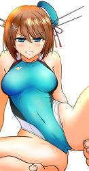 Rule 34 | 1girl, aiuti, angry, barefoot, beret, blue eyes, blue one-piece swimsuit, blush, breasts, brown hair, competition swimsuit, gluteal fold, hair between eyes, hair ornament, hairclip, hat, hat ribbon, headgear, highleg, highres, kantai collection, looking at viewer, maya (kancolle), maya kai ni (kancolle), medium breasts, one-piece swimsuit, red ribbon, ribbon, short hair, simple background, sitting, solo, swimsuit, white background, x hair ornament