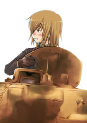Rule 34 | 1girl, blush, brown hair, gloves, grin, hair between eyes, long sleeves, looking to the side, military, military uniform, military vehicle, motor vehicle, profile, short hair, simple background, smile, solo, tank, uniform, upper body, vehicle, white background