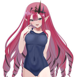 Rule 34 | 1girl, absurdres, bare shoulders, blue one-piece swimsuit, blush, breasts, circlet, collarbone, covered navel, drill hair, baobhan sith (fate), fate/grand order, fate (series), gluteal fold, grey eyes, highres, higofushi, long hair, looking at viewer, medium breasts, nail polish, one-piece swimsuit, open mouth, pink hair, pointy ears, sidelocks, smile, solo, swimsuit, thighs
