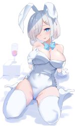 Rule 34 | 1girl, absurdres, animal ears, blue bow, blue bowtie, blue eyes, bow, bowtie, breasts, calin, cleavage, commentary request, cup, detached collar, drinking glass, gloves, hair ornament, hair over one eye, hairclip, hamakaze (kancolle), highres, kantai collection, large breasts, leotard, looking at viewer, playboy bunny, rabbit ears, short hair, sitting, solo, thighhighs, wariza, white background, white gloves, white hair, white thighhighs, wine glass