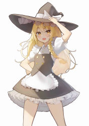 Rule 34 | 1girl, :d, absurdres, apron, black dress, blonde hair, braid, dress, frilled apron, frilled dress, frills, hat, highres, kirisame marisa, long hair, looking at viewer, open mouth, pinafore dress, shirt, short sleeves, simple background, sleeveless, sleeveless dress, smile, solo, touhou, white background, white shirt, witch, witch hat, yellow eyes, zhenli-mari