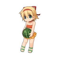 Rule 34 | 1girl, bandeau, bikini, bikini skirt, blonde hair, breasts, chibi, choker, closed mouth, food, fruit, full body, green eyes, green footwear, hair between eyes, hairband, holding watermelon, long bangs, looking at viewer, official art, orange bandeau, orange bikini, orange choker, ragnarok online, red hairband, sandals, short hair, simple background, small breasts, smile, solo, split mouth, swimsuit, transparent background, watermelon, yuichirou