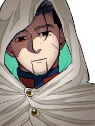 Rule 34 | 1boy, black eyes, black hair, cloak, crying, crying with eyes open, facial hair, facial scar, goatee, golden kamuy, hair slicked back, hair strand, half-closed eyes, head tilt, hood, hood up, hooded cloak, looking at viewer, male focus, ogata hyakunosuke, portrait, ri (ri kaos21), scar, scar on cheek, scar on face, short hair, smile, solo, staring, stitches, stubble, tearing up, tears, tears from one eye, undercut, uneven eyes
