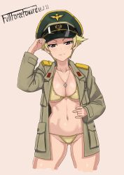 Rule 34 | 10s, 1girl, artist name, bad id, bad pixiv id, beige background, bikini, blonde hair, breast pocket, breasts, cameltoe, cleavage, closed mouth, coat, collarbone, cowboy shot, cropped legs, dated, emblem, erwin (girls und panzer), eyewear on headwear, girls und panzer, gluteal fold, green hat, groin, hand on headwear, hand up, handplug, hat, highres, jewelry, legs apart, long sleeves, looking at viewer, medium breasts, navel, necklace, no pants, open clothes, open coat, peaked cap, pendant, pocket, short hair, simple background, smile, solo, standing, stomach, swimsuit, tsurime, underboob, yellow bikini