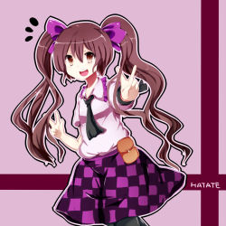 Rule 34 | 1girl, bad id, bad pixiv id, black pantyhose, brown eyes, brown hair, checkered clothes, checkered skirt, female focus, hat, himekaidou hatate, long hair, necktie, open mouth, pantyhose, pouch, skirt, solo, tikuwakure, tokin hat, touhou, twintails, uiroutsuji yumihiko, v, very long hair