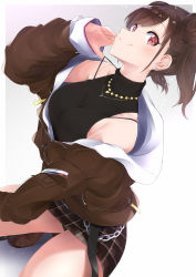 Rule 34 | absurdres, bare shoulders, black skirt, brown eyes, brown hair, brown jacket, double bun, dutch angle, earrings, hair bun, hair ornament, hairclip, heart, heart earrings, highres, idolmaster, idolmaster shiny colors, jacket, jewelry, looking at viewer, miniskirt, off shoulder, plaid, plaid skirt, short twintails, skirt, sleeveless, sleeveless sweater, sonoda chiyoko, squatting, sweater, turtleneck, turtleneck sweater, tutinako, twintails