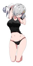 Rule 34 | 10s, 1girl, armpits, arms behind head, asaoka (0x0), black panties, black shirt, blue eyes, breasts, full body, hair ornament, hair over one eye, hairclip, hamakaze (kancolle), headgear, highres, kantai collection, kneeling, large breasts, looking at viewer, navel, panties, partially undressed, school uniform, serafuku, shirt, short hair, silver hair, simple background, skindentation, solo, tank top, underwear, underwear only, white background