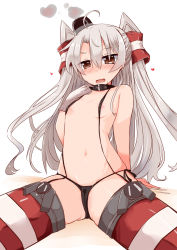 Rule 34 | 10s, 1girl, amatsukaze (kancolle), arm behind back, black panties, blush, breasts, brown eyes, choker, covered erect nipples, eyes visible through hair, garter straps, gloves, hair ornament, hair tubes, heart, highres, kantai collection, long hair, no bra, open mouth, panties, shirogane (platinum), side-tie panties, silver hair, single glove, sitting, small breasts, smoke, smoke heart, solo, sweat, thighhighs, topless, two side up, underwear, underwear only, wavy mouth
