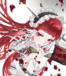 1girl axe blunt_bangs chain collar dress frilled_collar frilled_hairband frills hair_ornament hair_ribbon hairband holding holding_axe light_blush lips long_hair looking_at_viewer parted_lips persona persona_3 red_eyes red_hair red_petals ribbon sidelocks solo tsukitaka upper_body white_dress white_ribbon yoshino_chidori