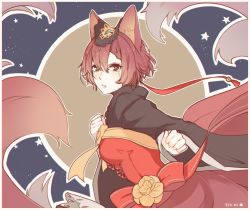 Rule 34 | 1girl, animal ears, breasts, clenched hands, facepaint, flower, fox ears, fox tail, from side, gem, hair between eyes, hair ornament, highres, lace trim, long sleeves, looking at viewer, medium breasts, meiko (vocaloid), outline, parted lips, red eyes, red hair, red ribbon, ribbon, short hair, solo, tail, vocaloid, white outline, wide sleeves, yellow flower, yen-mi