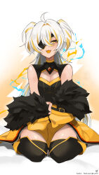 Rule 34 | 1girl, absurdres, ahoge, black nails, black shirt, black thighhighs, blonde hair, breasts, character name, cleavage, cleavage cutout, clothing cutout, coat, colored tongue, commission, crop top, eyelashes, eyepatch, fangs, fur-trimmed coat, fur trim, highres, indie virtual youtuber, k (art71), kaeveo (vtuber), kneeling, long hair, medium breasts, multicolored hair, off shoulder, shirt, skeb commission, sleeveless, sleeveless shirt, solo, streaked hair, thighhighs, tongue, tongue out, twitter username, two side up, virtual youtuber, white hair, yellow coat, yellow eyes, yellow tongue, zipper