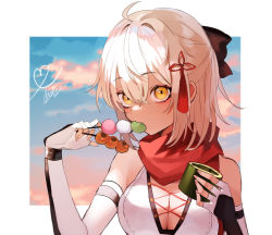 Rule 34 | 1girl, ahoge, bare shoulders, bebe (bebe pp), black bow, blonde hair, bow, breasts, candy, cleavage, commentary request, dark-skinned female, dark skin, fate/grand order, fate (series), food, hair between eyes, hair bow, hair ornament, holding, holding food, large breasts, looking at viewer, medium hair, okita souji (fate), okita souji alter (fate), okita souji alter (first ascension) (fate), signature, solo, yellow eyes