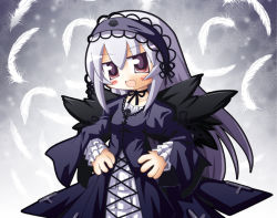Rule 34 | 00s, 1girl, :d, black wings, blush, choker, dress, feathers, frilled sleeves, frills, gothic lolita, hairband, hands on own hips, lolita fashion, lolita hairband, long hair, long sleeves, looking at viewer, open mouth, red eyes, ribbon choker, rozen maiden, silver hair, smile, solo, suigintou, wings