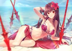 Rule 34 | 1girl, beach, bikini, blue sky, breasts, bridal garter, cleavage, cloud, collarbone, day, fate/grand order, fate (series), flower, gae bolg (fate), hair between eyes, hair flower, hair intakes, hair ornament, hibiscus, kagachi saku, large breasts, lens flare, long hair, looking at viewer, nail polish, navel, outdoors, partially submerged, pink bikini, purple bikini, purple hair, purple sarong, red bikini, red eyes, sand, sarong, scathach (fate), scathach (fate/grand order), scathach (swimsuit assassin) (fate), sky, smile, swimsuit, very long hair, water