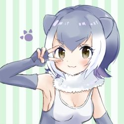Rule 34 | 10s, 1girl, :3, animal ears, armpits, black eyes, blush, breasts, cleavage, commentary request, detached collar, elbow gloves, fingerless gloves, fur collar, gloves, gradient hair, grey gloves, grey hair, hand up, highres, kemono friends, looking at viewer, medium breasts, megumi 222, multicolored hair, otter ears, partial commentary, sleeveless, small-clawed otter (kemono friends), solo, striped, striped background, upper body, v, v over eye, white hair
