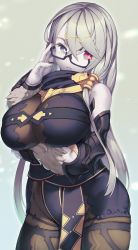 Rule 34 | 1girl, armor, atelier (series), atelier ryza, atelier ryza 1, bare shoulders, black nails, blue eyes, breasts, commentary request, fingernails, fur trim, glasses, grey hair, hair ornament, hairclip, large breasts, lila decyrus, long hair, looking at viewer, nail polish, pale skin, parted lips, red eyes, rotix, sharp fingernails, solo