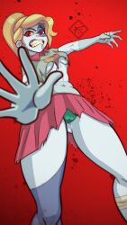 Rule 34 | absurdres, amphibia, blonde hair, crotch seam, gus arts, highres, looking at viewer, no bra, open mouth, outstretched arms, panties, red eyes, sasha waybright, shirt, skirt, torn clothes, torn shirt, torn skirt, underwear, zombie, zombie girl, zombie pose