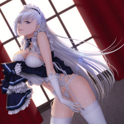 Rule 34 | 1girl, apron, azur lane, belfast (azur lane), blue eyes, blush, braid, breasts, chain, clothes lift, collar, collarbone, dress, dress lift, french braid, frills, garter belt, gloves, large breasts, lifting own clothes, long hair, looking at viewer, maid, maid headdress, panties, panties over garter belt, shoukaki (earthean), silver hair, smile, solo, underwear, white gloves, white panties