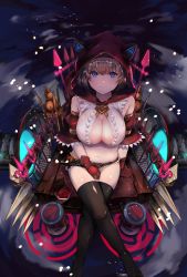 Rule 34 | 1girl, absurdres, animal hood, ase tou mi kaameru, bad id, bad pixiv id, belt, black thighhighs, blue eyes, breasts, chair, cleavage, cleavage cutout, clothing cutout, detached sleeves, gloves, highres, hood, large breasts, looking at viewer, midriff, navel, original, red gloves, red hood, short hair, short shorts, shorts, sitting, solo, thighhighs