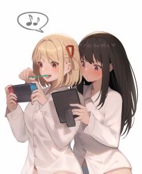 Rule 34 | 2girls, black hair, blonde hair, blue panties, blush, brushing another&#039;s teeth, closed mouth, collared shirt, commentary, dress shirt, hair ribbon, holding, holding mirror, inoue takina, long hair, long sleeves, lycoris recoil, milktea (gggrrr2000), mirror, multiple girls, musical note, nintendo switch, nishikigi chisato, one side up, open mouth, panties, red eyes, red panties, red ribbon, ribbon, shadow, shirt, sidelocks, simple background, spoken musical note, teeth, underwear, white background, white shirt, yuri