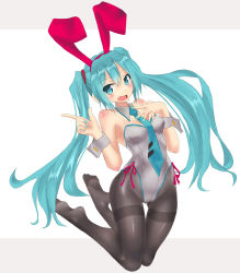 Rule 34 | 1girl, adapted costume, animal ears, aqua eyes, aqua hair, aqua nails, bare shoulders, black pantyhose, blush, breasts, collar, fake animal ears, fang, fingernails, full body, hatsune miku, highres, index finger raised, leotard, long hair, nail polish, necktie, open mouth, pantyhose, playboy bunny, rabbit ears, simple background, solo, thigh gap, thighband pantyhose, twintails, very long hair, vocaloid, white background, wrist cuffs, zakuta