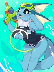 Rule 34 | 1girl, :d, absurdres, animal ears, black sclera, blue skin, blush, breasts, colored sclera, colored skin, commentary, creatures (company), furry, furry female, game freak, gen 1 pokemon, goggles, goggles on head, hand up, highres, holding, holding water gun, kame (3t), large breasts, looking at viewer, nintendo, no pupils, one-piece swimsuit, open mouth, pokemon, pokemon (creature), smile, solo, standing, swimsuit, symbol-only commentary, tail, thighs, vaporeon, water, water gun, wet, white eyes