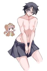 Rule 34 | 1boy, 1girl, animal costume, animal ears, banana, bare legs, black hair, blue eyes, blush, chaos;child, chibi, closed mouth, collarbone, crossdressing, embarrassed, feet out of frame, food, fruit, glasses, highres, jonyeld, looking at viewer, miniskirt, miyashiro takuru, monkey costume, monkey ears, monkey tail, navel, nipples, onoe serika, pale skin, pink hair, skirt, smile, tagme, tail, toned, toned male, wide hips