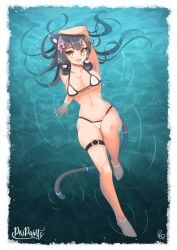 Rule 34 | 1girl, animal ears, bikini, breasts, cat ears, cat girl, cat tail, fang, feet, full body, gardener, grey hair, large breasts, long hair, looking at viewer, navel, oida-sama, open mouth, piripaints, self-upload, smile, solo, swimsuit, tail, thigh strap, thighs, water, yaeba, yellow eyes