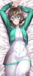 Rule 34 | 1girl, absurdres, ahoge, arms up, blue-framed eyewear, blush, breasts, brown hair, cropped jacket, dress, fate/grand order, fate (series), glasses, green eyes, green jacket, hair between eyes, highres, jacket, kogarasu1st, large breasts, long sleeves, looking at viewer, lying, mable macintosh, on back, open clothes, open jacket, pants, pantyhose, short dress, short hair, smile, solo, thighs, tight clothes, tight pants, white dress, white pants, yellow eyes