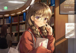 Rule 34 | 2girls, backpack, bad id, bad twitter id, bag, blurry, book, bookshelf, braid, brown eyes, brown hair, depth of field, dotz, glasses, hair ornament, hair over shoulder, hairclip, indoors, library, long hair, long sleeves, looking at viewer, low twintails, magazine (object), multiple girls, original, red shirt, semi-rimless eyewear, shirt, shoulder bag, sign, solo focus, twin braids, twintails