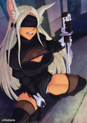 Rule 34 | 1girl, 2b (nier:automata), 2b (nier:automata) (cosplay), artist name, black blindfold, black dress, blindfold, boku no hero academia, cleavage cutout, clothing cutout, cosplay, covered eyes, dark-skinned female, dark skin, dress, highres, holding, holding sword, holding weapon, long hair, mirko, nier:automata, nier (series), open mouth, orphen (pink seito), parted bangs, rabbit girl, solo, squatting, sword, turtleneck, turtleneck dress, very long hair, weapon, white hair