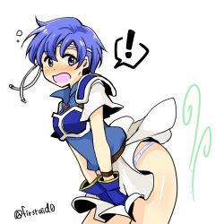 Rule 34 | !, 1girl, armor, blue eyes, blue gloves, blue hair, blush, breastplate, covering privates, covering crotch, cowboy shot, fire emblem, fire emblem: the blazing blade, gloves, headband, miniskirt, nintendo, open mouth, panties, panty peek, shanna (fire emblem), shirt, short hair, short sleeves, shoulder armor, simple background, skirt, solo, spoken exclamation mark, twitter username, underwear, white background, white panties, wind, wind lift, yukia (firstaid0)