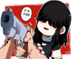 Rule 34 | 1girl, arm warmers, artist name, black hair, black nails, blurry, chromatic aberration, commentary, depth of field, english text, foreshortening, gun, hair over eyes, handgun, imminent suicide, jcm2, lucy loud, m1911, nail polish, open mouth, out of frame, pistol, shirt, signature, solo focus, striped clothes, striped shirt, suicide, the loud house, tongue, trembling, turtleneck, weapon