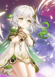 Rule 34 | 1girl, barefoot, blush, crying, crying with eyes open, elf, genshin impact, green eyes, green hair, hair ornament, hands on own chest, highres, kneeling, linreplica, multicolored hair, nahida (genshin impact), open mouth, pointy ears, sad, side ponytail, solo, streaked hair, symbol-shaped pupils, tears, thighs, two-tone hair, white hair