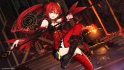 Rule 34 | 1girl, artist name, bad id, bad pixiv id, black footwear, boots, breasts, circlet, cleavage, cleavage cutout, clothing cutout, detached sleeves, earrings, elsword, female focus, fire, fire, hair intakes, happy, holding, holding weapon, ignia (elsword), jewelry, long hair, looking at viewer, miniskirt, open mouth, orange eyes, ponytail, red eyes, red hair, red thighhighs, skirt, smile, solo, staff, swd3e2, thighhighs, tiara, very long hair, weapon