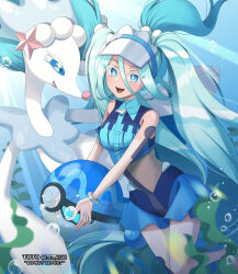 Rule 34 | 1girl, :d, air bubble, ball, beachball, blue eyes, bracelet, breasts, bright pupils, bubble, colored eyelashes, commentary request, creatures (company), game freak, gen 7 pokemon, green hair, hair rings, happy, hatsune miku, highres, holding, jewelry, long hair, looking at viewer, medium breasts, nintendo, open mouth, pokemon, pokemon (creature), ponytail, primarina, project voltage, smile, swimsuit, tongue, toto05 08, twintails, underwater, visor cap, vocaloid, water miku (project voltage), watermark, white pupils, zipper pull tab