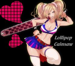 Rule 34 | 1girl, bad id, bad twitter id, belt, blonde hair, blue eyes, breasts, candy, chainsaw, cheerleader, cleavage, copyright name, food, food in mouth, hairband, hand on own hip, hohehohe, holding, holding weapon, juliet starling, large breasts, lollipop, lollipop chainsaw, looking at viewer, midriff, miniskirt, navel, simple background, skirt, smile, solo, thighhighs, twintails, weapon, white thighhighs, wristband, zettai ryouiki