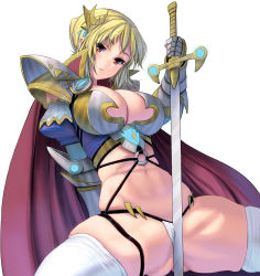 Rule 34 | 1girl, arm behind back, arm support, armor, between labia, bikini armor, blonde hair, breastplate, breasts, brown eyes, cape, cleavage, crotch rub, curvy, female masturbation, gauntlets, hair ornament, head tilt, highres, holding, holding sword, holding weapon, knight, kouno (masao), large breasts, leaning back, looking at viewer, masturbation, masturbation through clothes, navel, o-ring, original, panties, parted lips, puffy sleeves, red cape, red eyes, revealing clothes, short hair, shoulder pads, simple background, sitting, skindentation, smile, solo, spread legs, squatting, stomach, sword, thighhighs, thighs, underwear, unsheathed, weapon, white background, white panties, white thighhighs