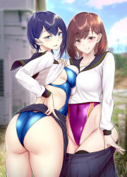 Rule 34 | 2girls, ass, asymmetrical docking, black legwear, blue eyes, blue hair, blue one-piece swimsuit, blue sky, blush, breast press, breasts, brown eyes, brown hair, clothes lift, clothes pull, cloud, commentary request, day, frontal wedgie, gentsuki, highleg, highleg swimsuit, highres, large breasts, licking lips, lifting own clothes, long sleeves, looking at viewer, looking back, medium breasts, multiple girls, one-piece swimsuit, original, parted lips, partially visible vulva, purple one-piece swimsuit, sailor collar, school uniform, shiny clothes, shirt, short hair, siblings, sidelocks, sisters, skirt, skirt lift, skirt pull, sky, smile, swimsuit, swimsuit under clothes, thighhighs, tongue, tongue out, wedgie, white shirt