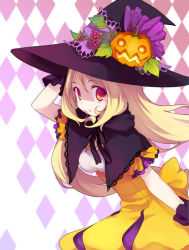 Rule 34 | 1girl, :o, argyle, argyle background, argyle clothes, bad id, bad pixiv id, blonde hair, bow, capelet, dress, food, food-themed hair ornament, fruit, gloves, grapes, hair ornament, halloween, hand on headwear, hat, jack-o&#039;-lantern, koto (colorcube), lace, long hair, melona (koto), orange dress, orange eyes, original, pumpkin, pumpkin hair ornament, purple background, solo, witch, witch hat